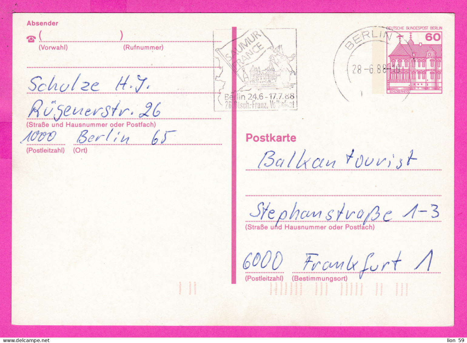 295776 / Germany BRD Berlin 1988 - 60 Pf. (Schloss Rheydt) Flamme Berlin "Saumur France .." Stationery Ganzsachen PSC - Postkaarten - Gebruikt