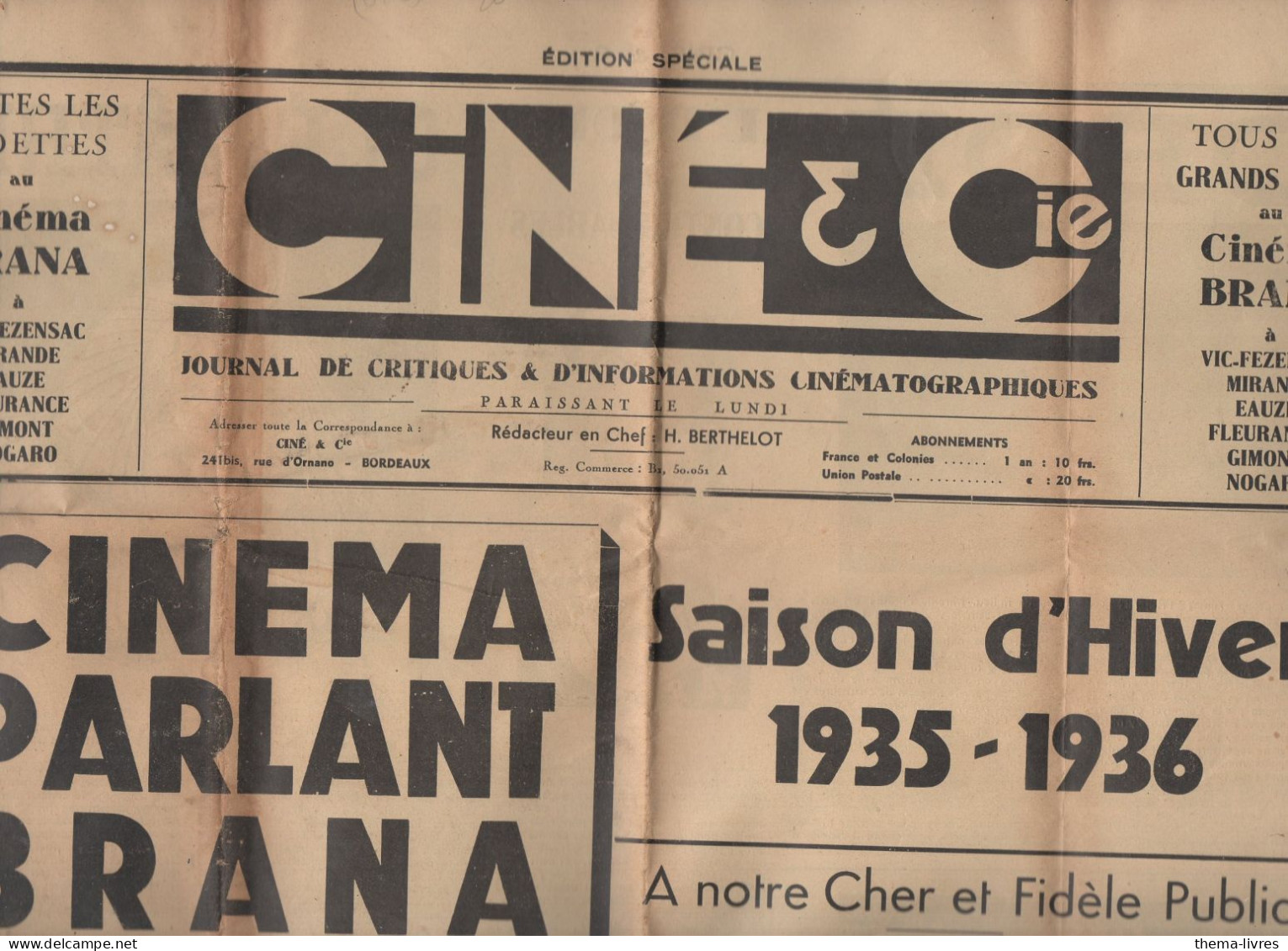 Vic Fezensac Mirande, Eauze, Fleurance,Gimont Nogaro (32 Gers) Journal CINE ET CIE BRANA SAISON HIVER 1935-36 (CAT 5697) - Midi-Pyrénées