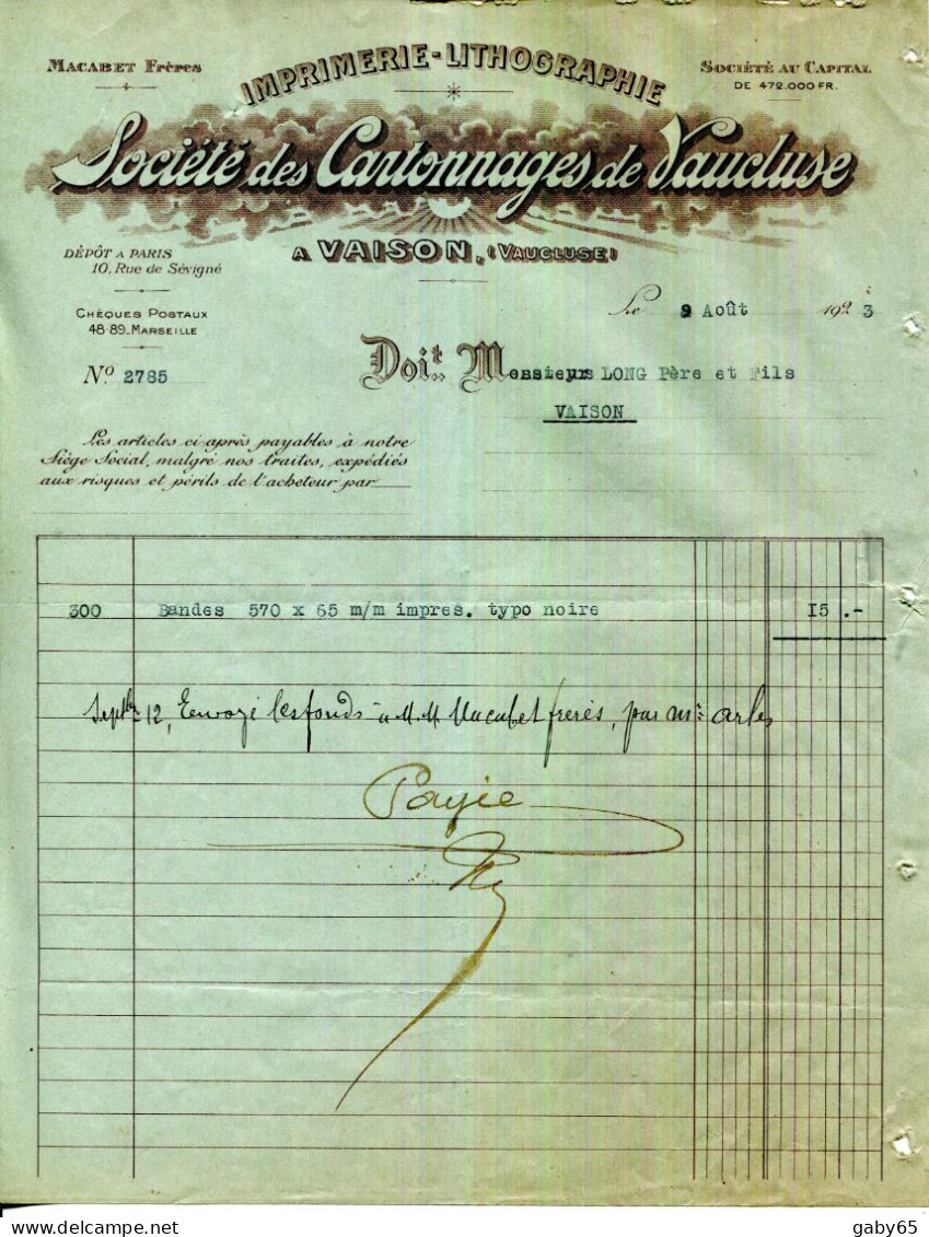 FACTURE.84.VAISON LA ROMAINE.IMPRIMERIE.LITHOGRAPHIE.SOCIETE DES CARTONNAGES DE VAUCLUSE. - Drukkerij & Papieren