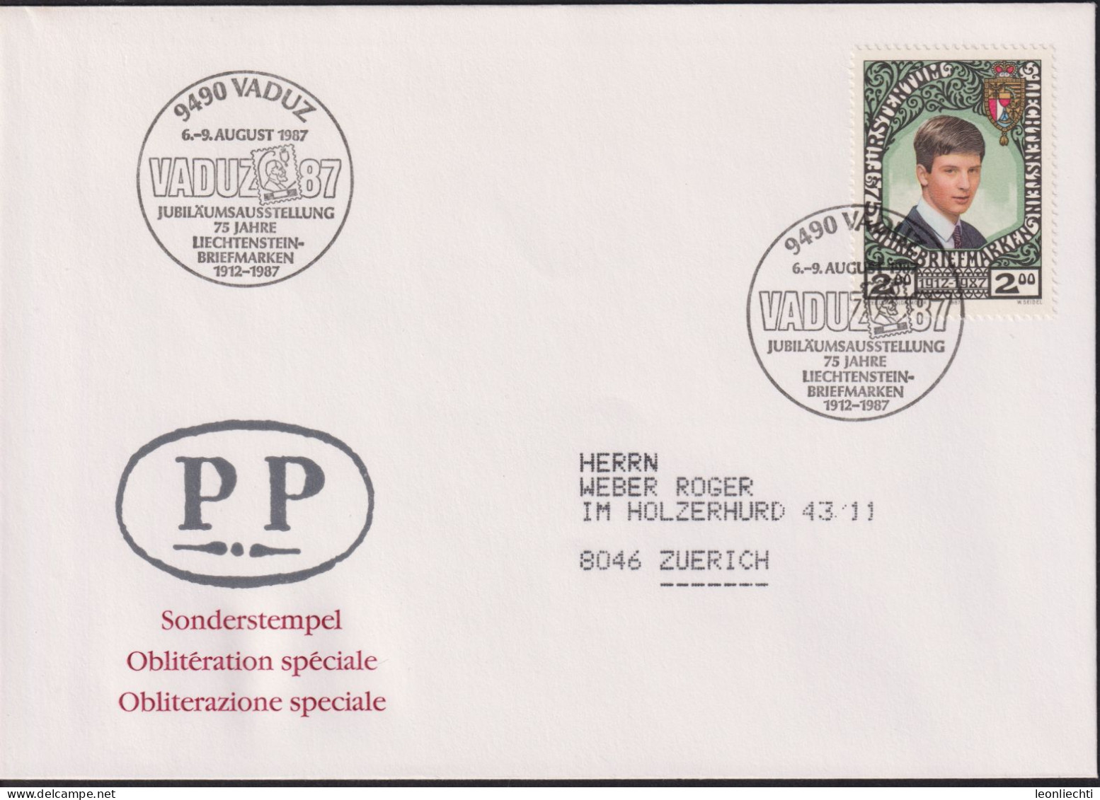 1987 Liechtenstein R- Brief, MI:LI 921, Yt:LI 862, Zum.LI 861, Prinz Alois, VADUZ 87, Briefmarken Jubiläumsasstellung - Storia Postale