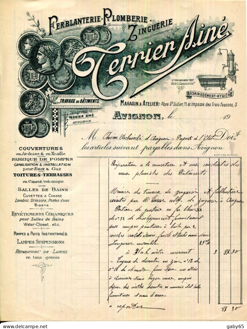 FACTURE.84.AVIGNON.FERBLANTERIE.PLOMBERIE.ZINGUERIE.TERRIER AINE 11 PLACE SAINT DIDIER & 3 IMPASSE DES 3 FAUCONS. - Artigianato