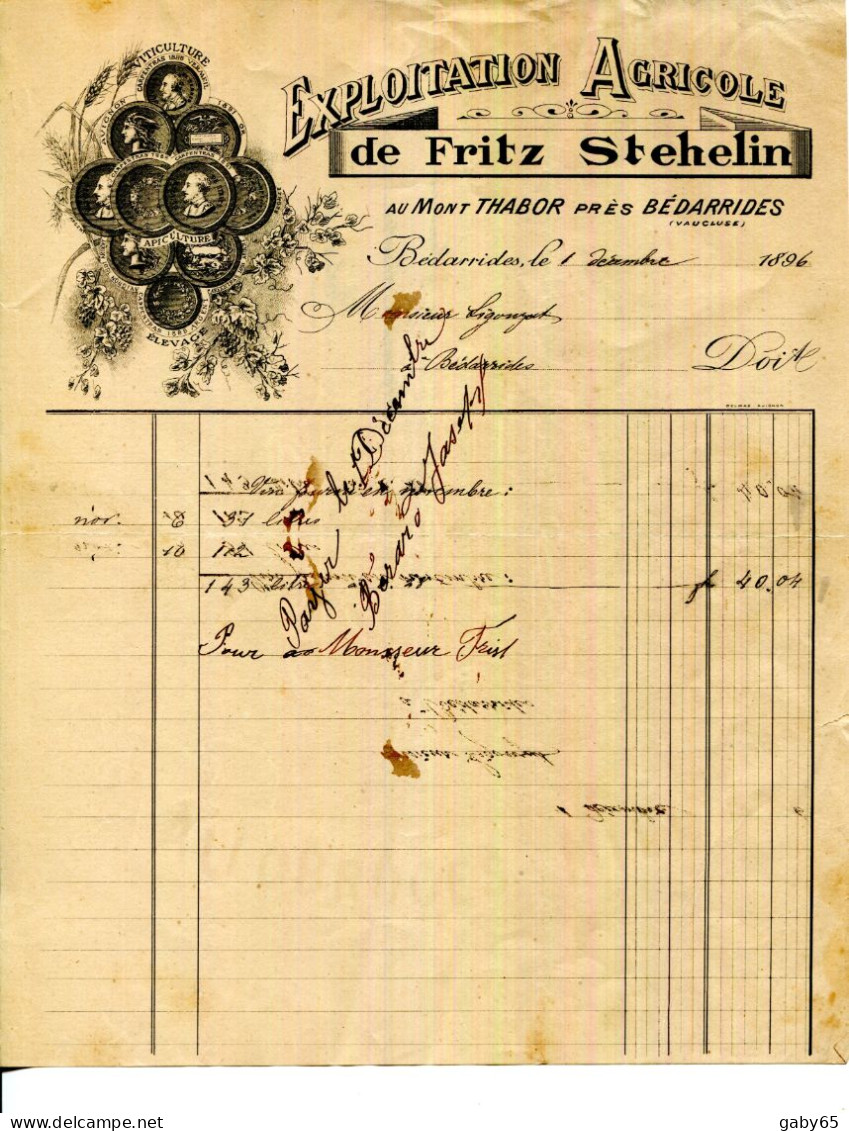 FACTURE.84.BEDARRIDES.EXPLOITATION AGRICOLE DU CHATEAU MONT THABOR DE FRITZ STEHELIN. - Agricultura