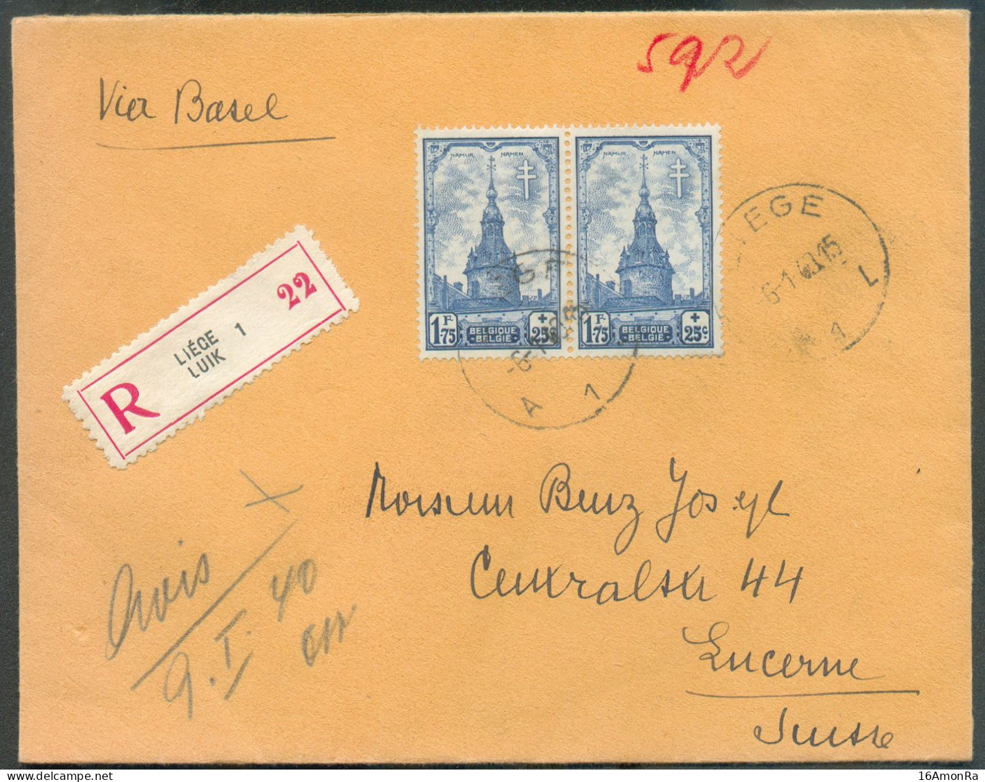 1Fr75 NAMUR (paire) Obl. Sc LIEGE 1 Sur Lettre Recommandée Du 6-1-1940 Vers Lucerne (Suisse) + Verso : Vignette Baudouin - Brieven En Documenten