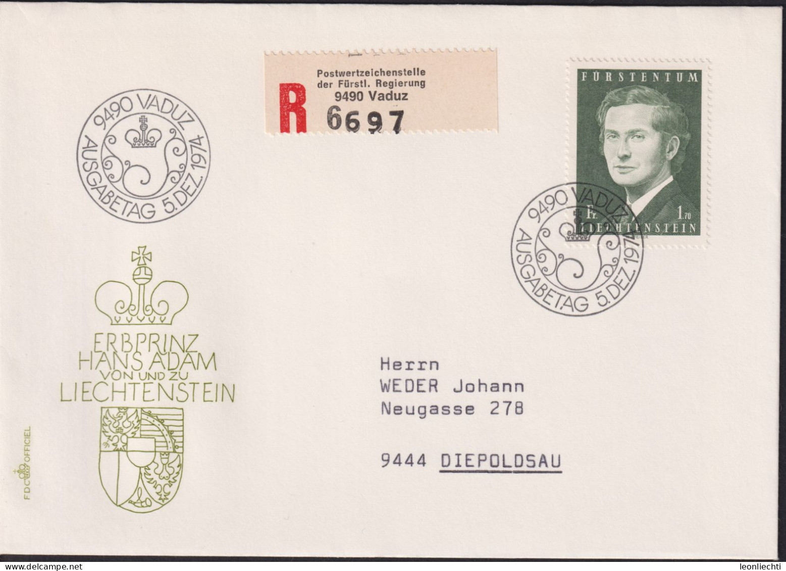 1974 Liechtenstein R- Brief MI:LI 615, Yt:LI 562, Zum.LI 536, Erbprinz Hans Adam, - Briefe U. Dokumente