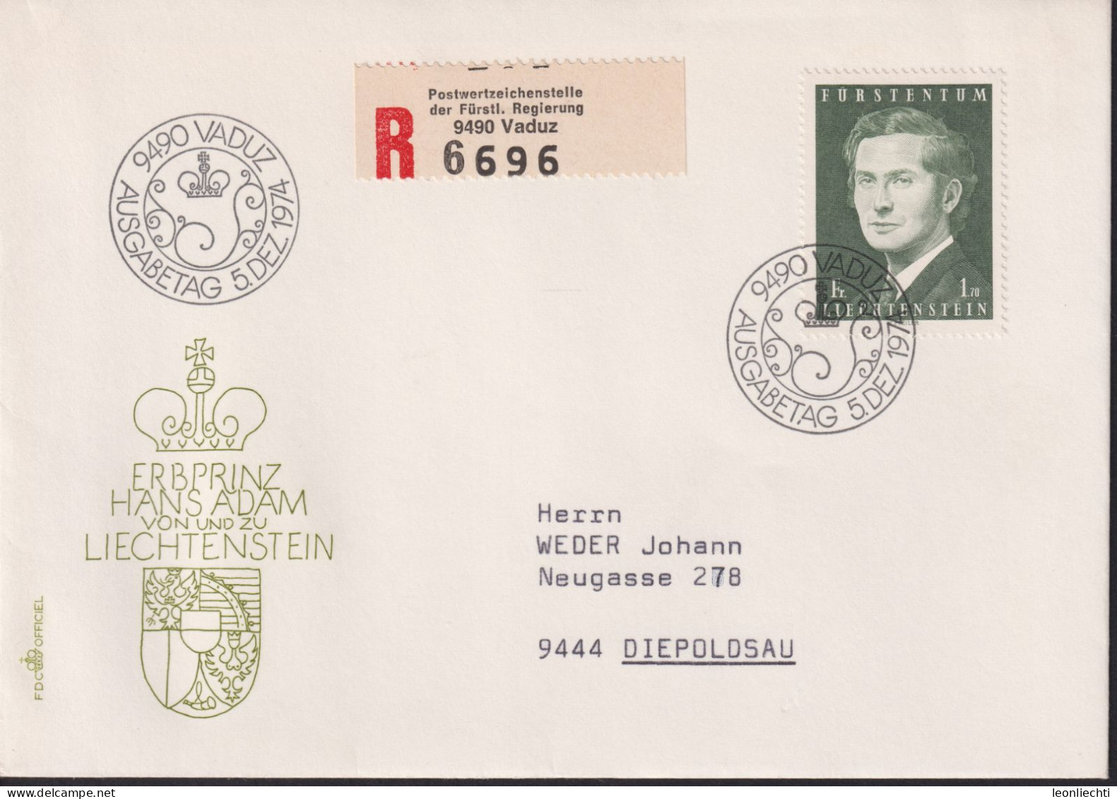 1974 Liechtenstein R- Brief MI:LI 615, Yt:LI 562, Zum.LI 536, Erbprinz Hans Adam, - Brieven En Documenten