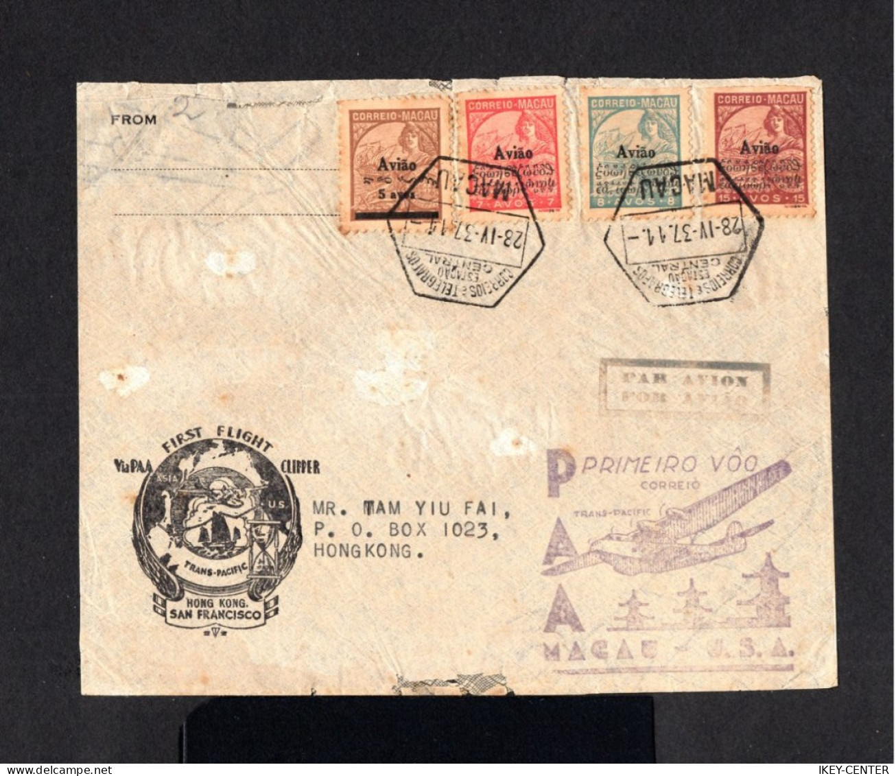 K477-MACAU-CHINA-AIRMAIL COVER MACAO To VICTORIA (hong Kong) 1937.WWII.Portugal Colonies.ENVELOPPE Aerien FIRST FLIGHT - Storia Postale