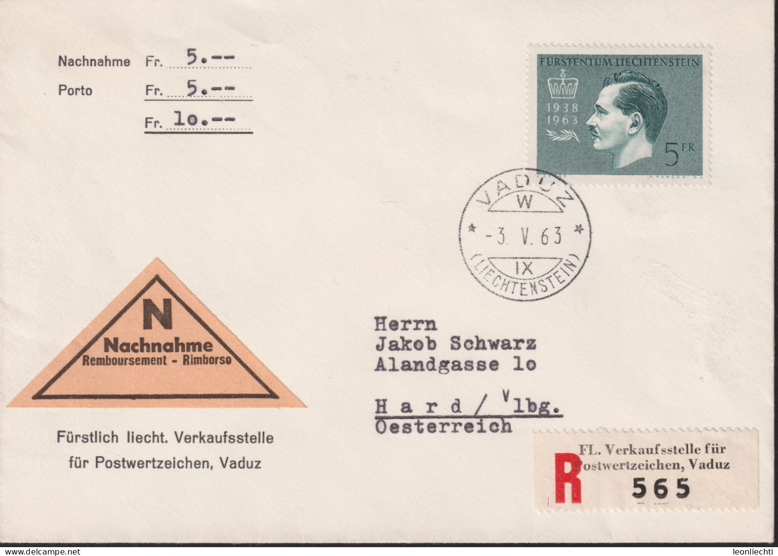 1963 Liechtenstein Nachnahme MI:LI 427, Yt:LI 377, Zum.LI 364,  Fürst Franz Josef II - Lettres & Documents