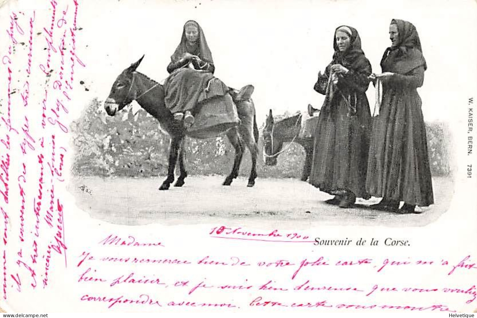 Souvenir De Corse Femme ânes Mulets 1900 Cachet Ajaccio Costumes Traditionnels Tricots Ed. Kaiser Bern - Corse