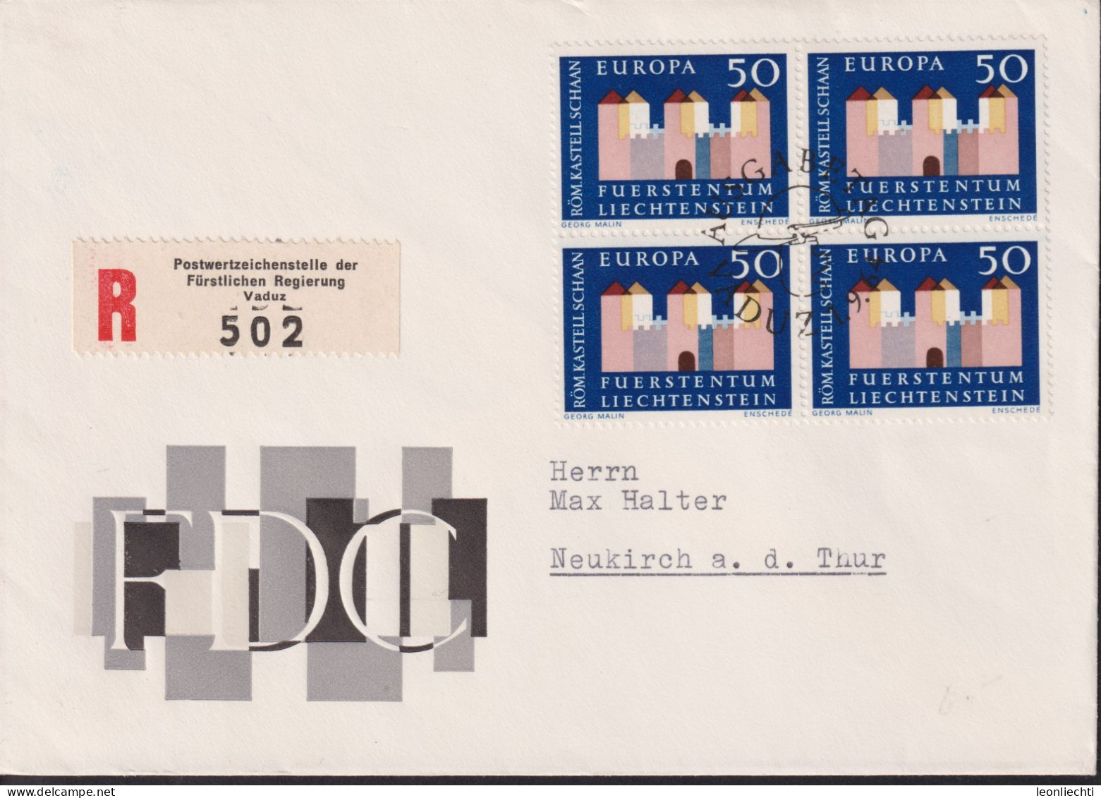 1964 Liechtenstein R-Brief, MI:LI 444, Yt:LI 388, Zum.LI 379,  Römisches Kastell, EUROPA Marke - Lettres & Documents