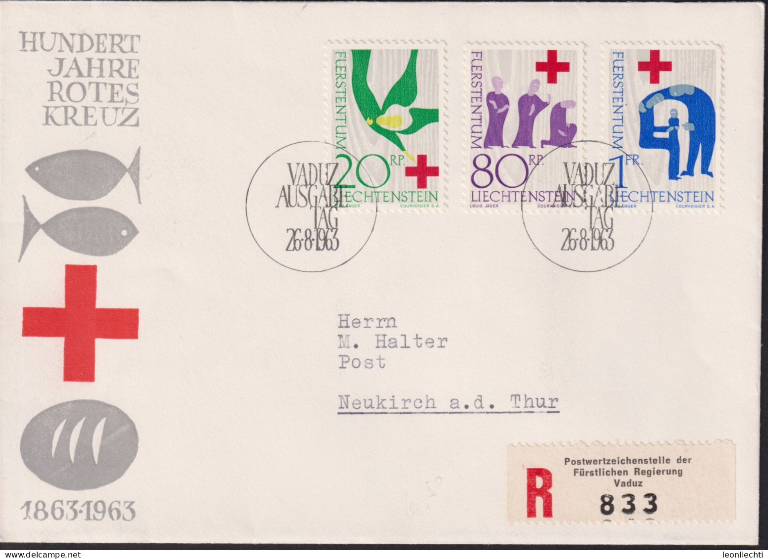 1963 Liechtenstein R-Brief, MI:LI 428-430, Yt:LI 378-380, Zum.LI 365-367, 100 Jahre Rotes Kreuz - Lettres & Documents