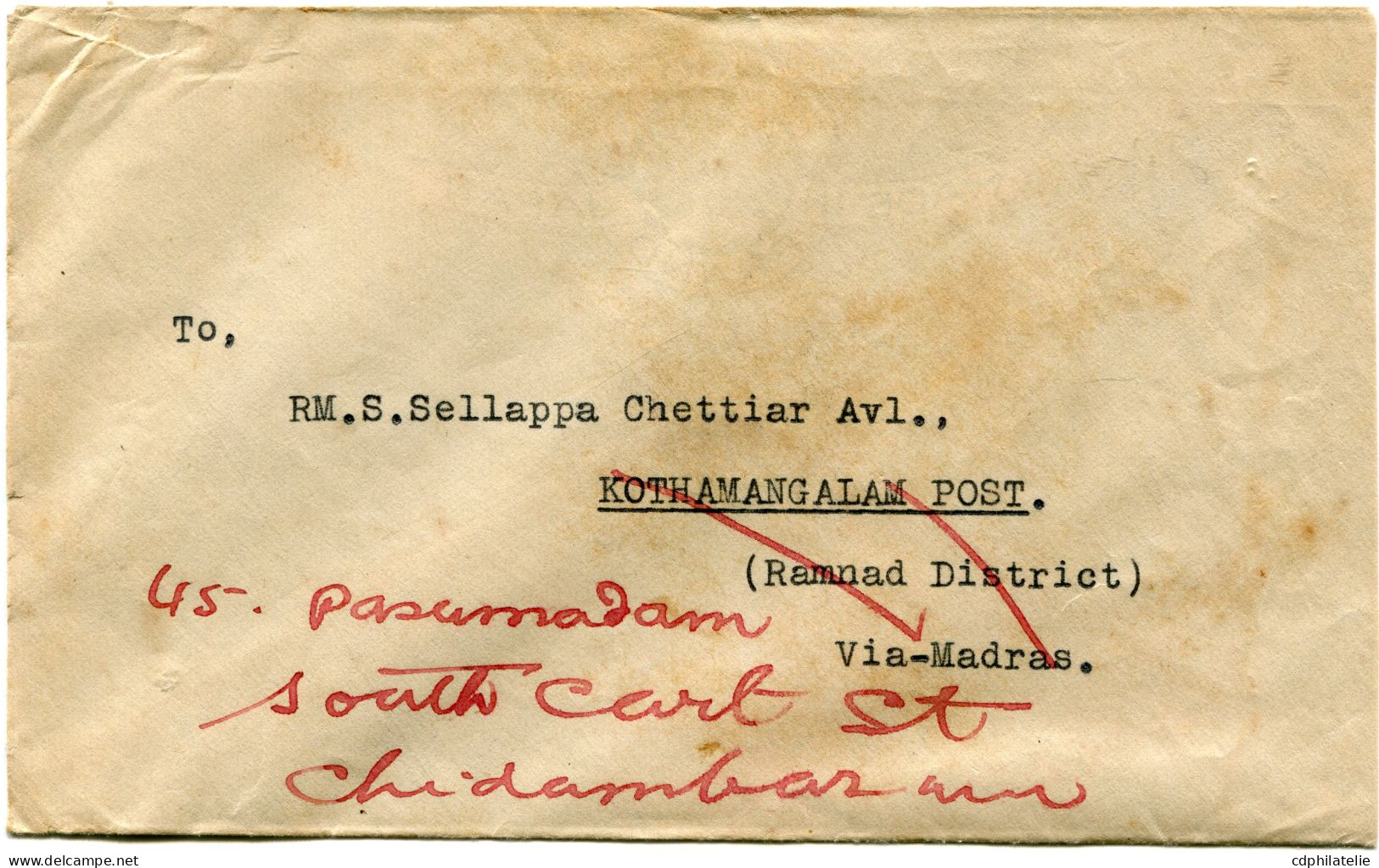 BIRMANIE LETTRE AVEC AFFRANCHISSEMENT AU DOS DEPART MUNAPRANADD ? NOV 38 POUR KOTHAMANGALAM 15 NOV 38 REEXPEDIEE A...... - Birmanie (...-1947)