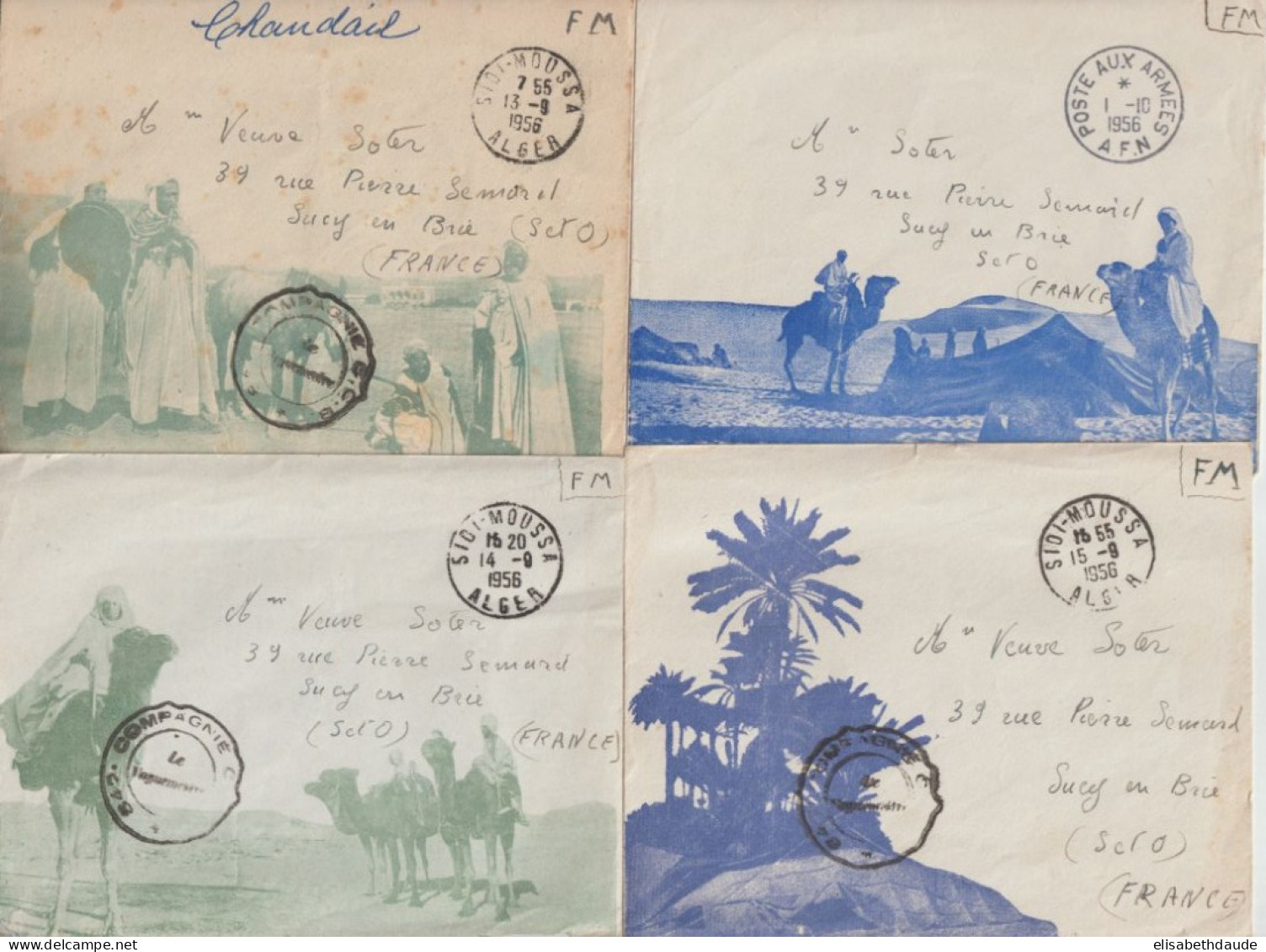 1956 - ALGERIE ! 4 ENVELOPPES FM ILLUSTREES RAREMENT OBLITEREES AVEC CACHET IDENTIFIE De SIDI-MOUSSA => SUCY - Guerre D'Algérie