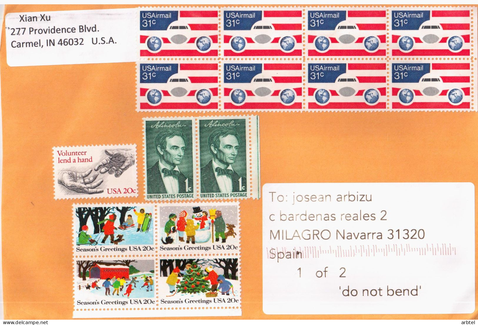 ESTADOS UNIDOS USA CC MANOS AVION HANDS NAVIDAD CHRISTMAS LINCOLN - Cartas & Documentos