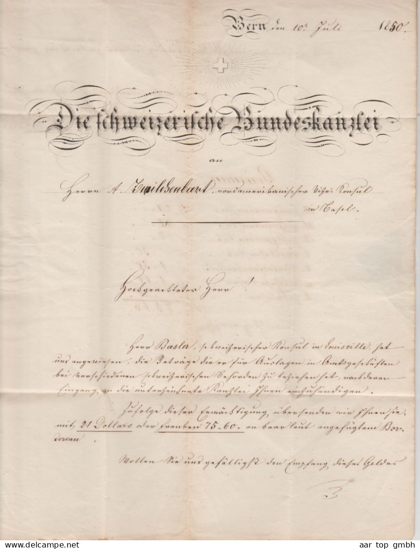 CH Heimat BEs Bern 1850-07-11 Sackstempel Brief Nach Basel Mit Inhalt "Bundeskanzlei" - 1843-1852 Federale & Kantonnale Postzegels