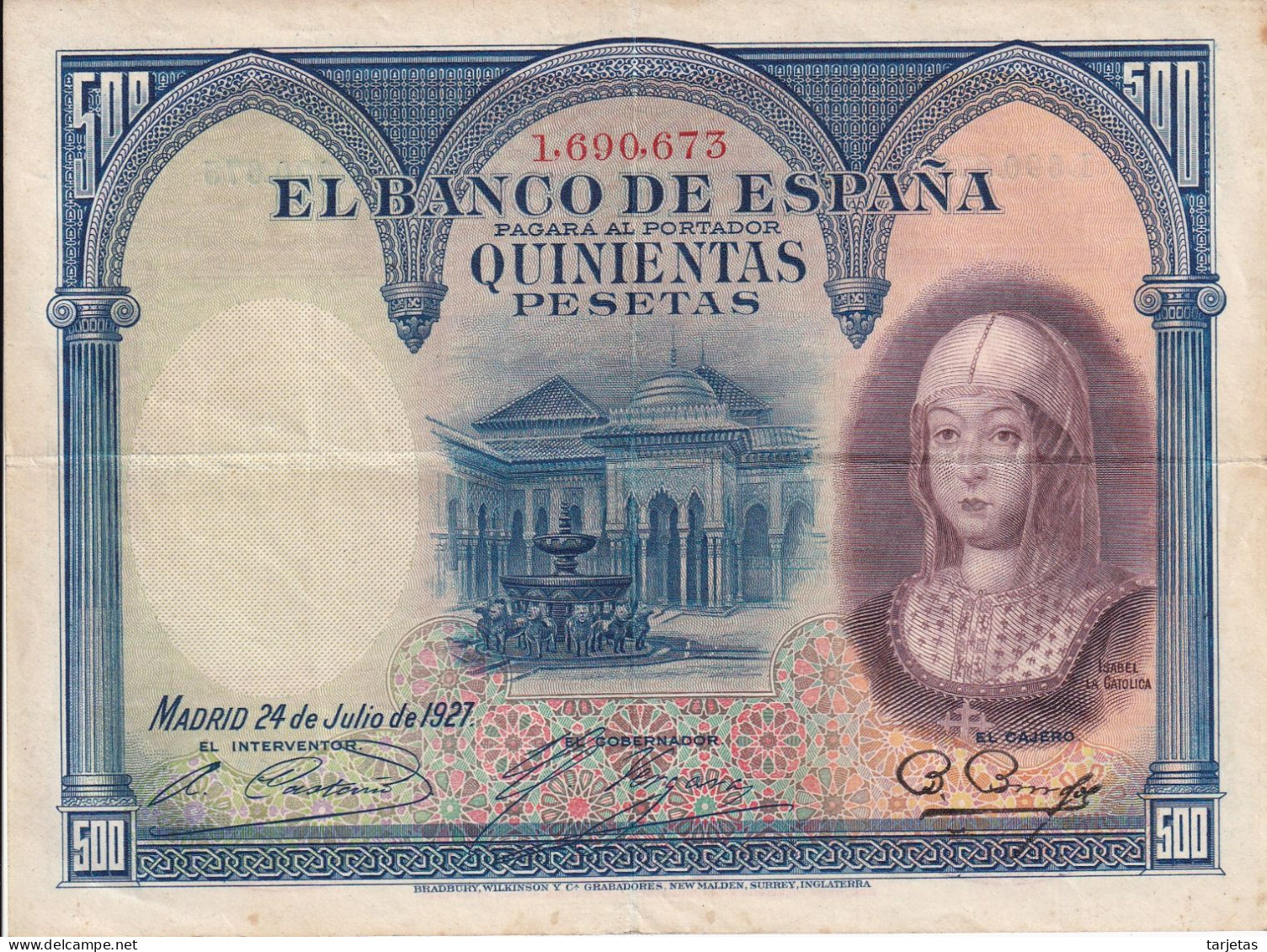 BILLETE DE 500 PTAS DEL AÑO 1927  DE ISABEL LA CATÓLICA SIN SERIE  (BANKNOTE) - 500 Pesetas