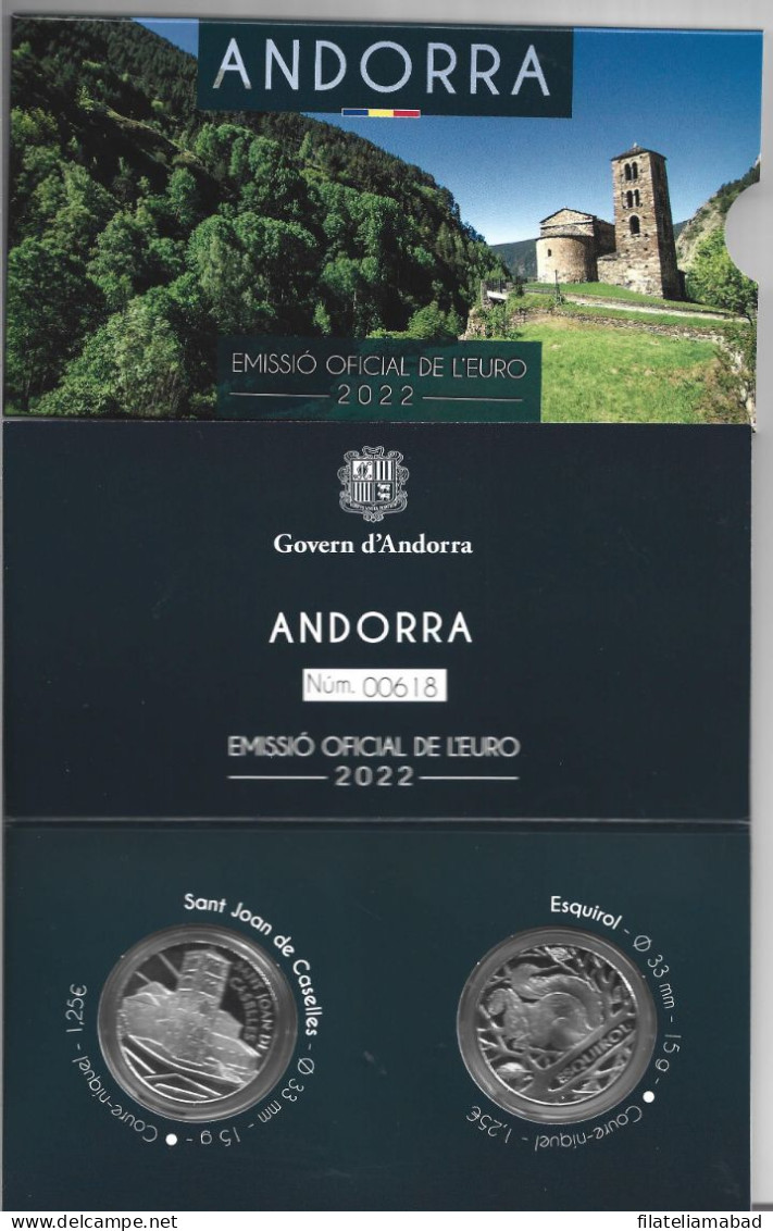 ANDORRA EUROS 2 MONEDAS DE 1,25€ DEL AÑO 2022 SAN JOAN DE CASELLES Y ARDILLA TIRADA 3000 EJEMPLARES. - Andorra