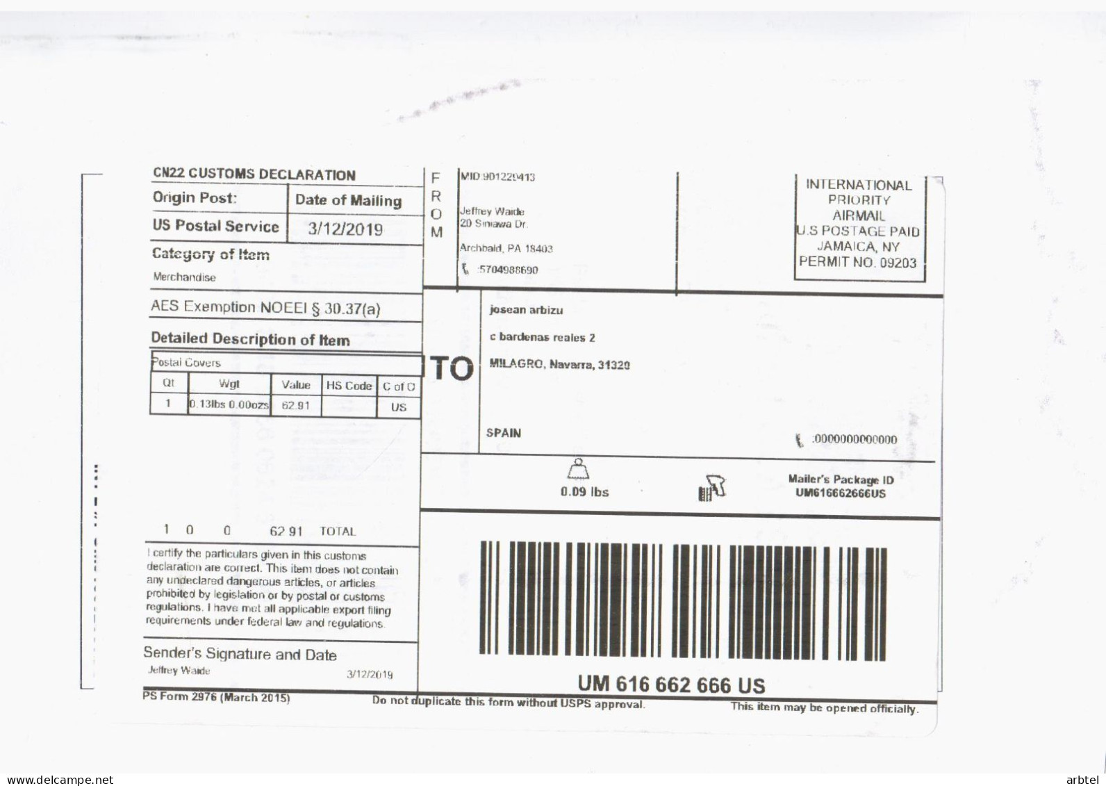 ESTADOS UNIDOS USA FRONTAL  CON ATM CN22 CUSTOM - Cartas & Documentos