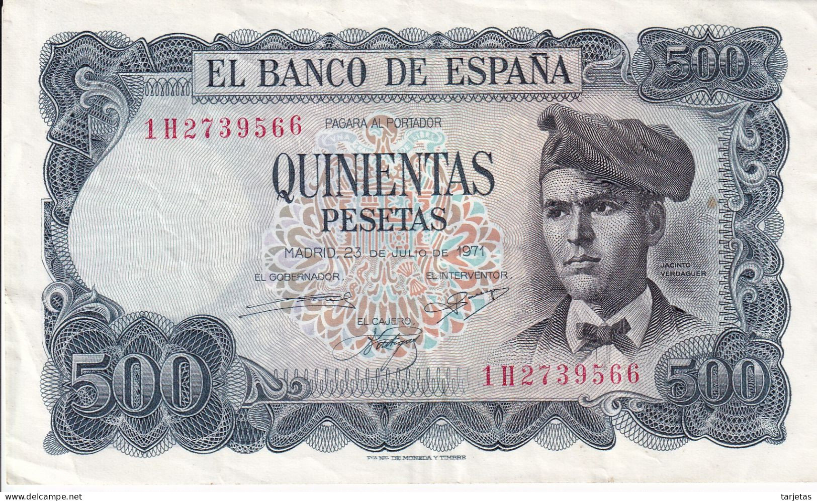 BILLETE DE ESPAÑA DE 500 PTAS DEL AÑO 1971 SERIE 1H EN CALIDAD MBC (VF) (BANKNOTE) VERDAGUER - 500 Pesetas