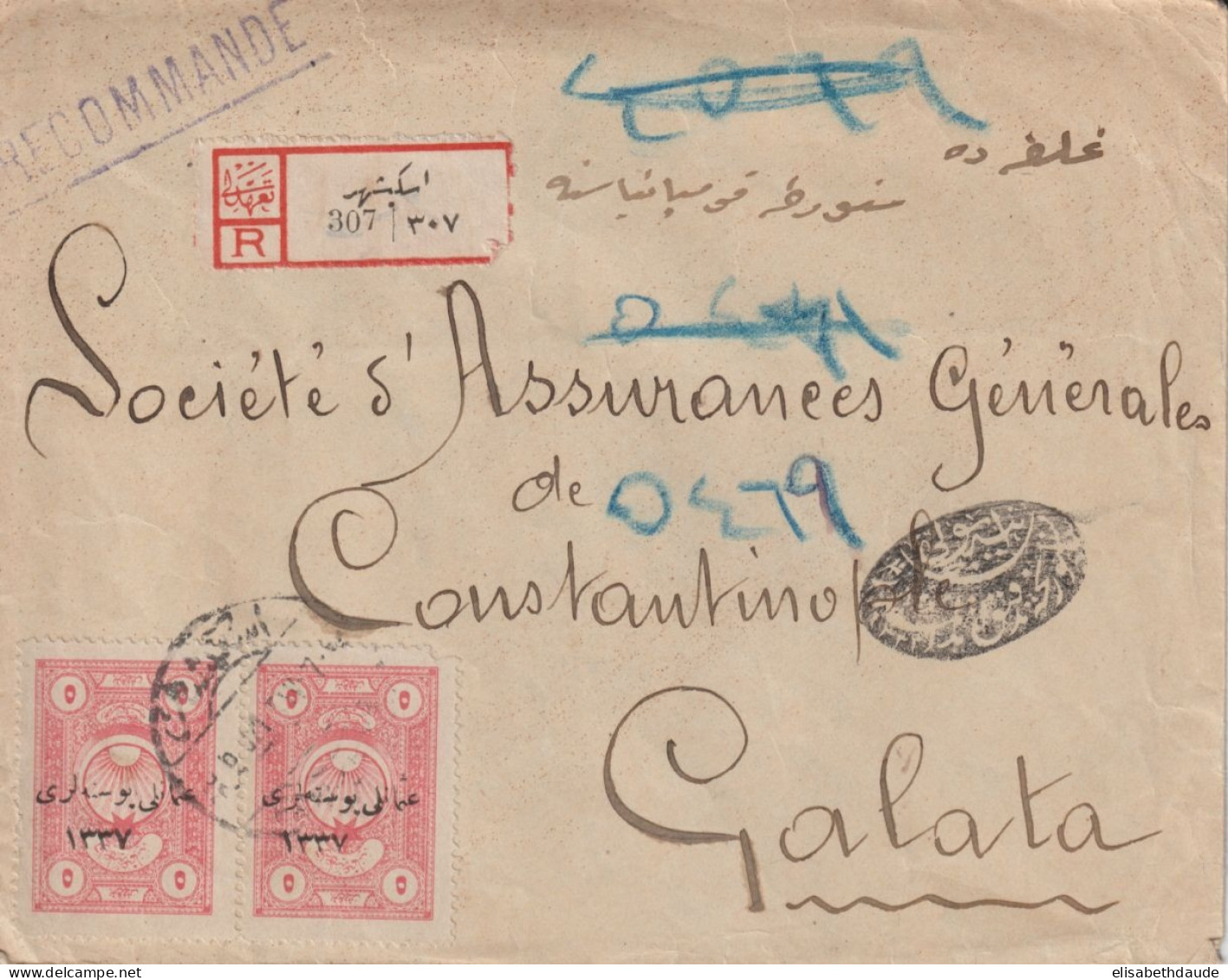 1921 - TURQUIE / ANATOLIE !! - SURCHARGE RENVERSEE !! ENVELOPPE RECOMMANDEE Avec CENSURE + TAXE => GALATA - 1920-21 Anatolie