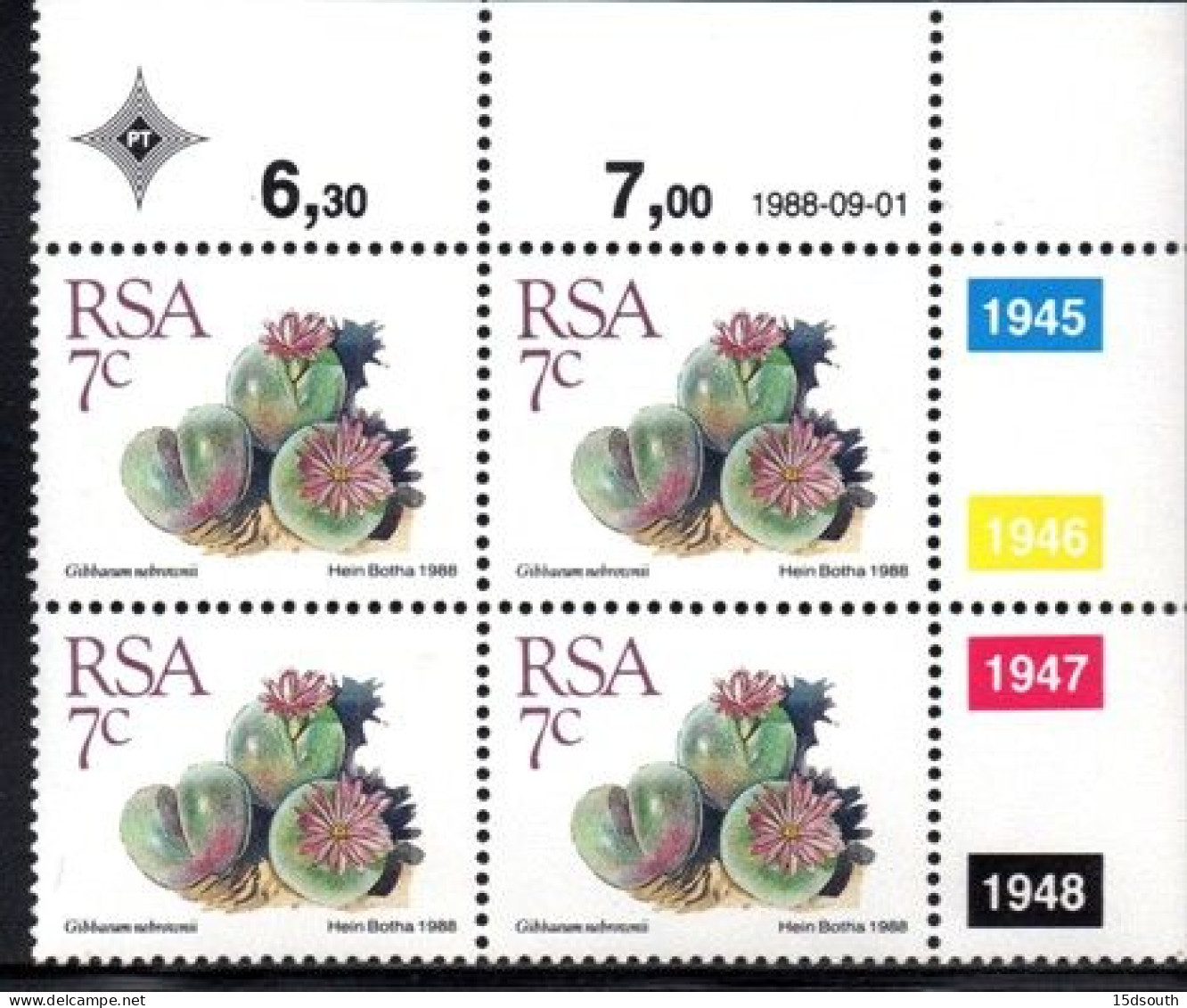 South Africa - 1988 Succulents 7c Control Block (1988.09.01) (**) - Blocks & Kleinbögen