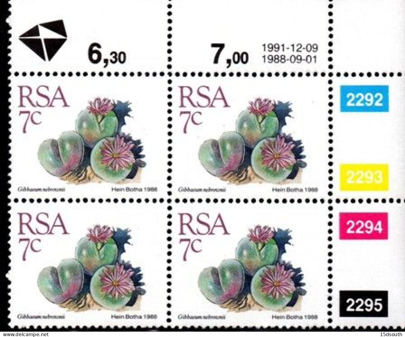 South Africa - 1991 Succulents 7c Control Block (1991.12.09) (**) - Hojas Bloque