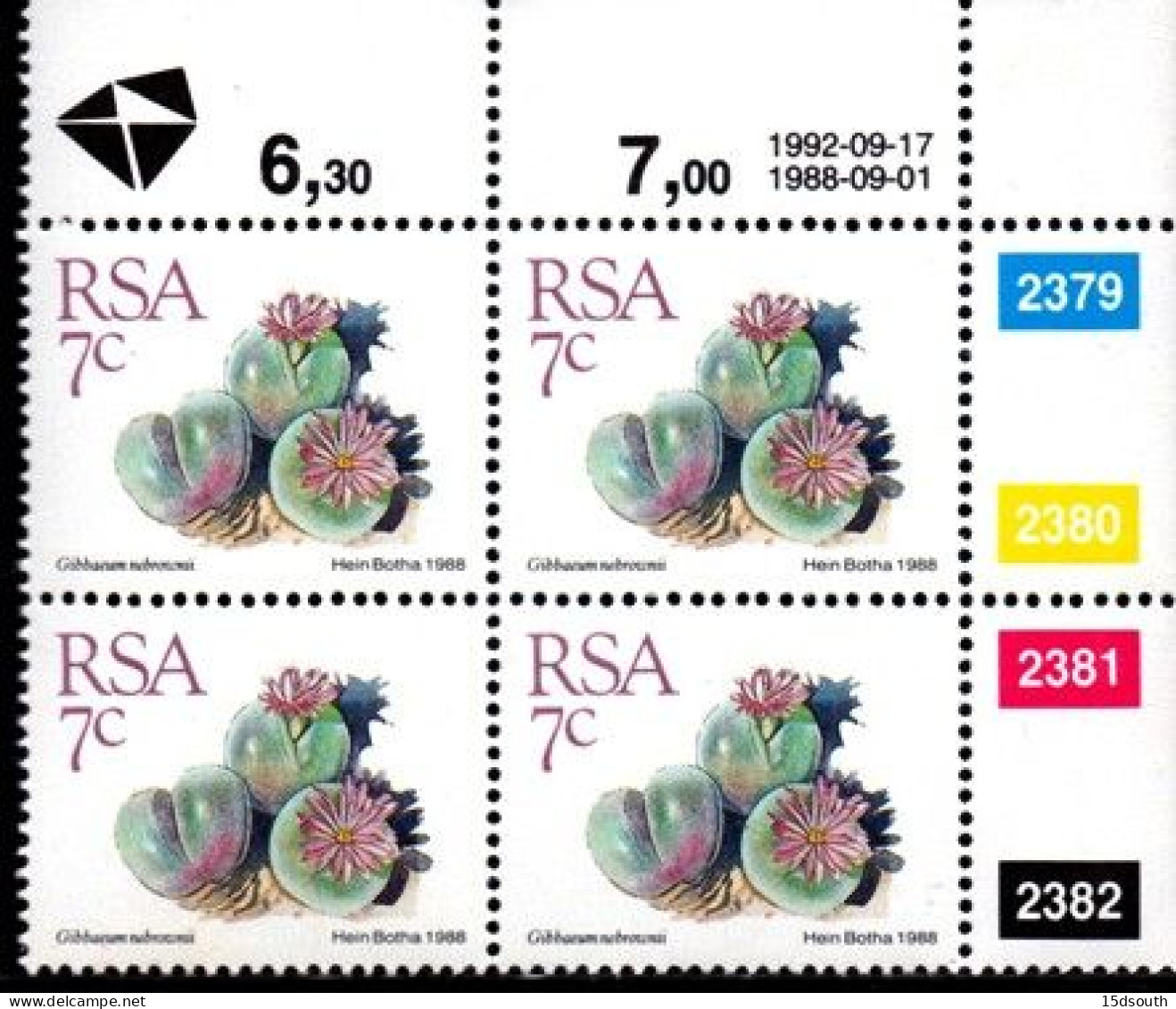 South Africa - 1992 Succulents 7c Control Block (1992.09.17) (**) - Blocks & Kleinbögen