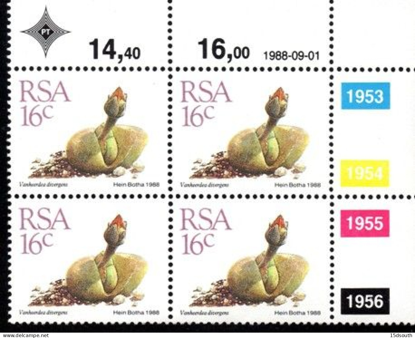 South Africa - 1988 Succulents 16c Control Block (**) - Hojas Bloque