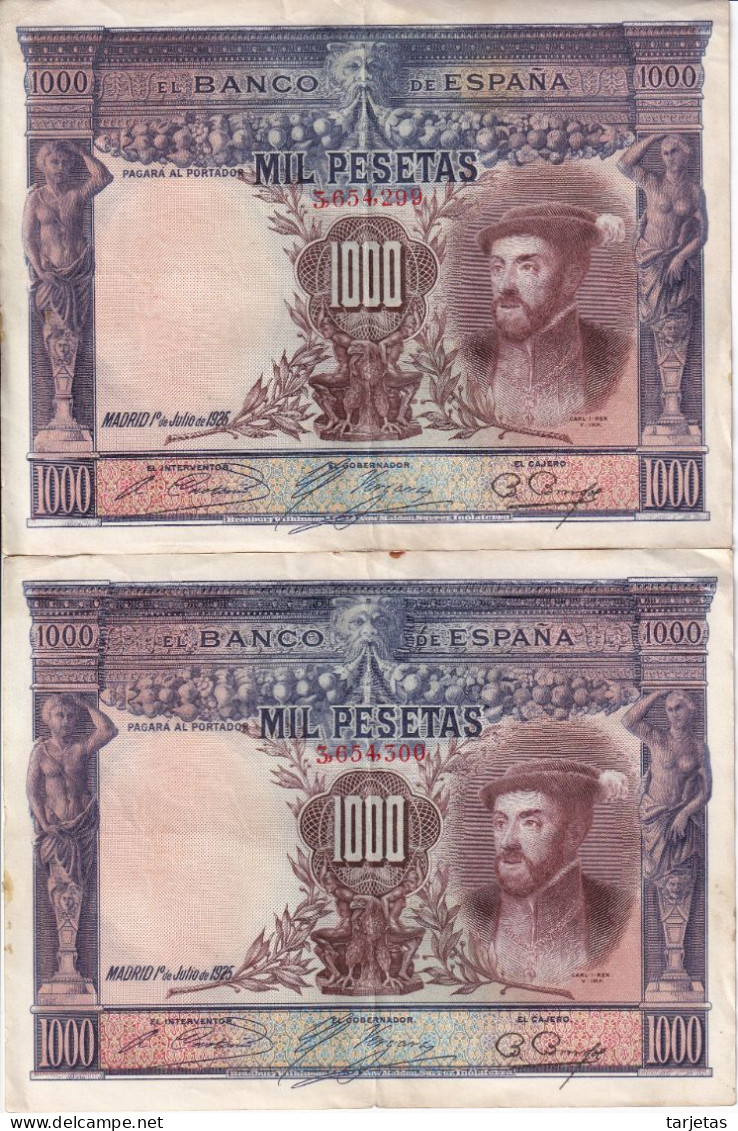 PAREJA CORRELATIVA DE 1000 PTAS DEL AÑO 1925 DE CARLOS I  (BANKNOTE) - 1000 Peseten