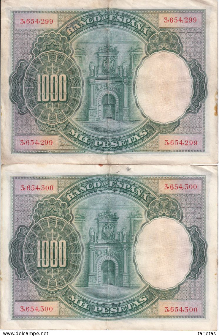 PAREJA CORRELATIVA DE 1000 PTAS DEL AÑO 1925 DE CARLOS I  (BANKNOTE) - 1000 Pesetas