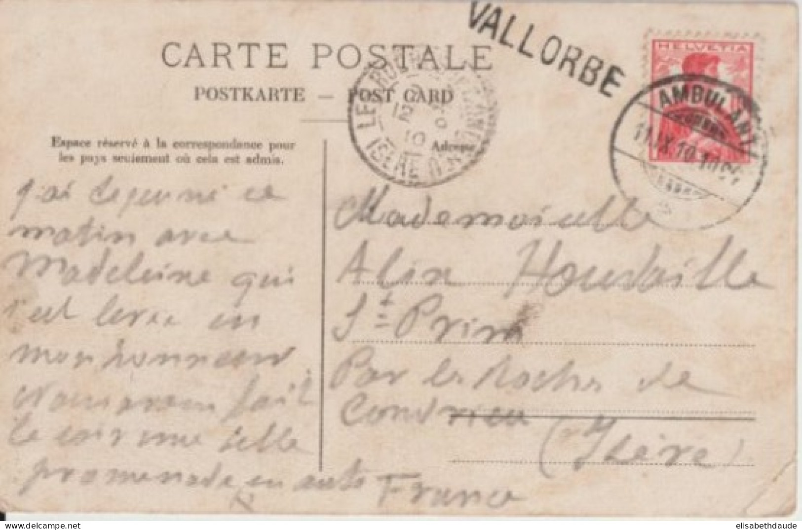 SUISSE - 1910 - AMBULANT De VALLORBE ! RARE Sur CP => ST PRIM (ISERE) - Poststempel