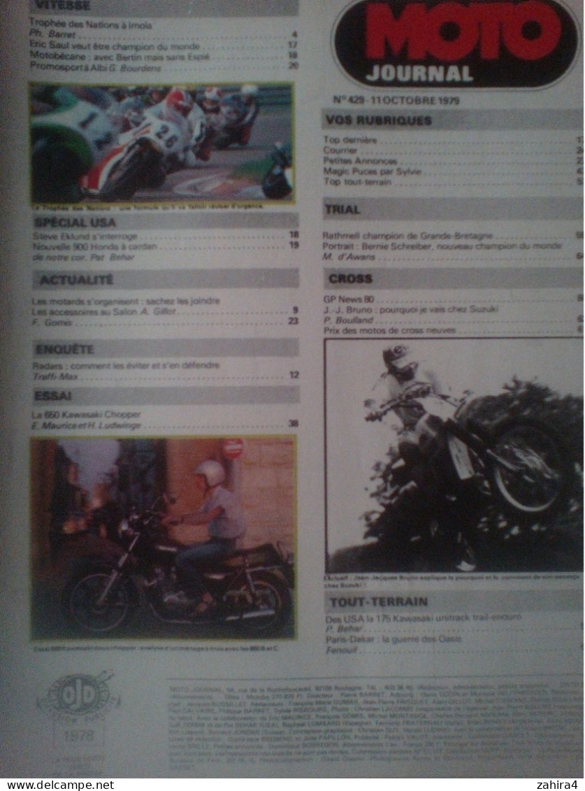 Moto Journal N° 429 Imola 650 Kawasaki DSR Radars Saul Honda 900 Cardan Kawa 175 Cross J.J Bruno 390 Husqvarna - Moto