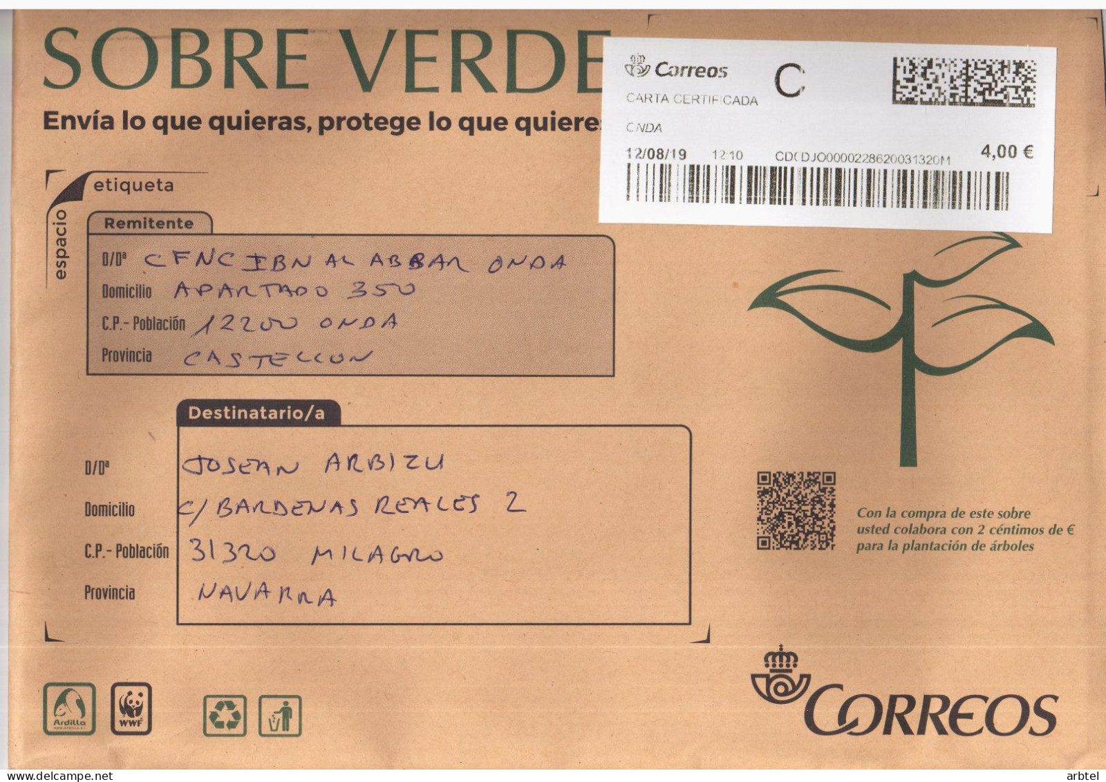 ESPAÑA CC CERTIFICADA DATAMATRIX ATM ONDA CASTELLON - Storia Postale