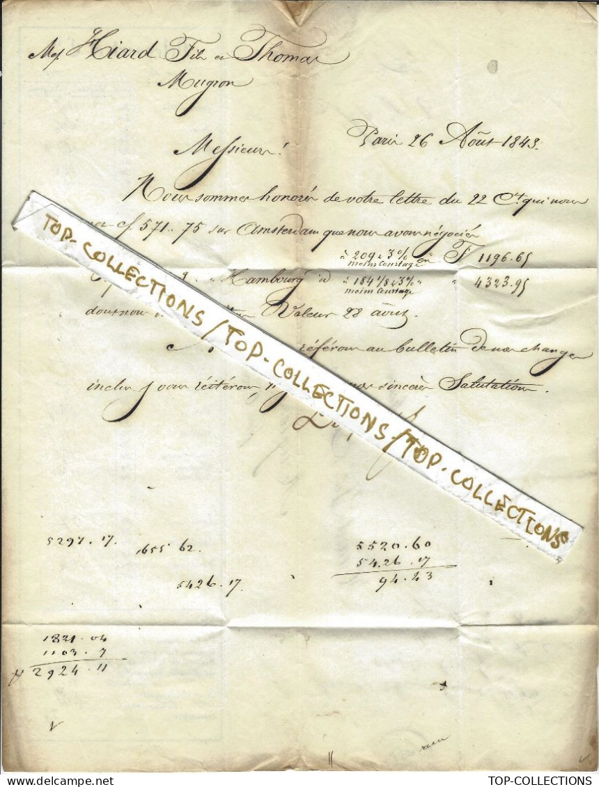 1843 ENTETE Delessert Paris Banque COTATION MONNAIES CHANGE > Hiard Fils & Thomas Négociants Mugron Landes V.HISTORIQUE - 1800 – 1899