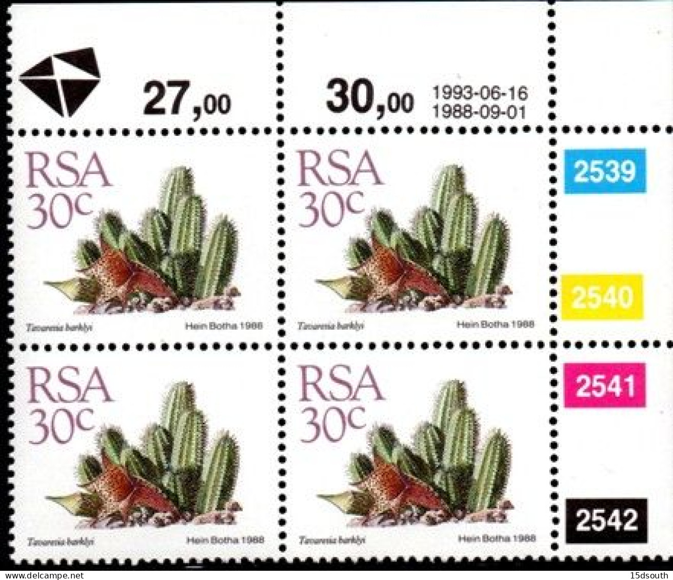 South Africa - 1993 Succulents 30c Control Block (1993.06.16) (**) - Blocchi & Foglietti