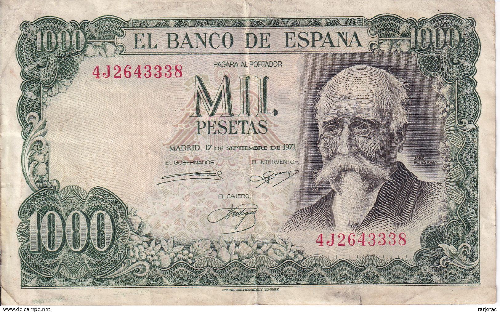 BILLETE DE ESPAÑA DE 1000 PTAS DEL AÑO 1971 JOSE ECHEGARAY SERIE 4J (BANKNOTE) - 1000 Pesetas