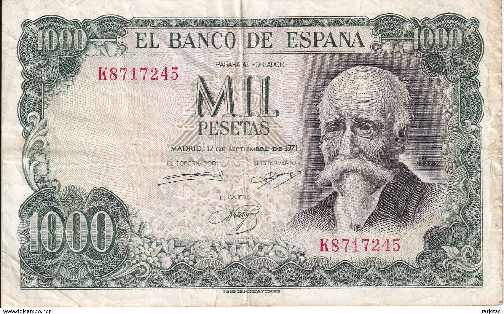 BILLETE DE ESPAÑA DE 1000 PTAS DEL AÑO 1971 JOSE ECHEGARAY SERIE K (BANKNOTE) - 1000 Peseten