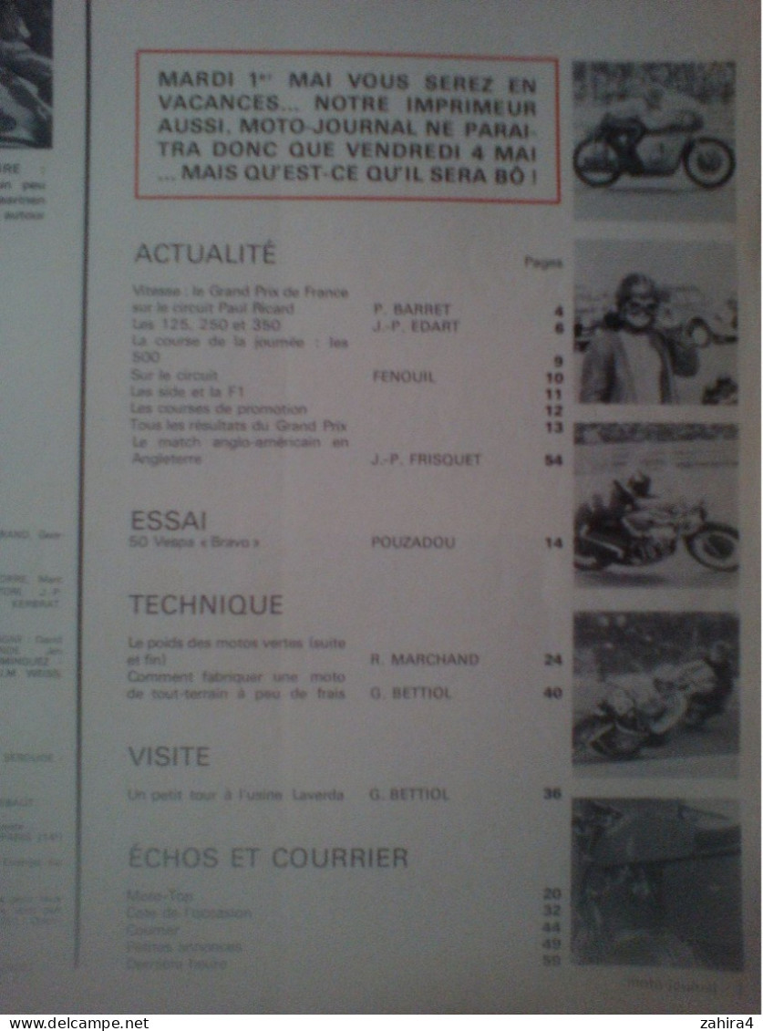 Moto Journal 116 GP D France Ago Saarinen Tchernine Rudi Kurth Dane Rowe Les Side & La F1 Mob 50 Vespa Bravo Laverda Nue - Moto
