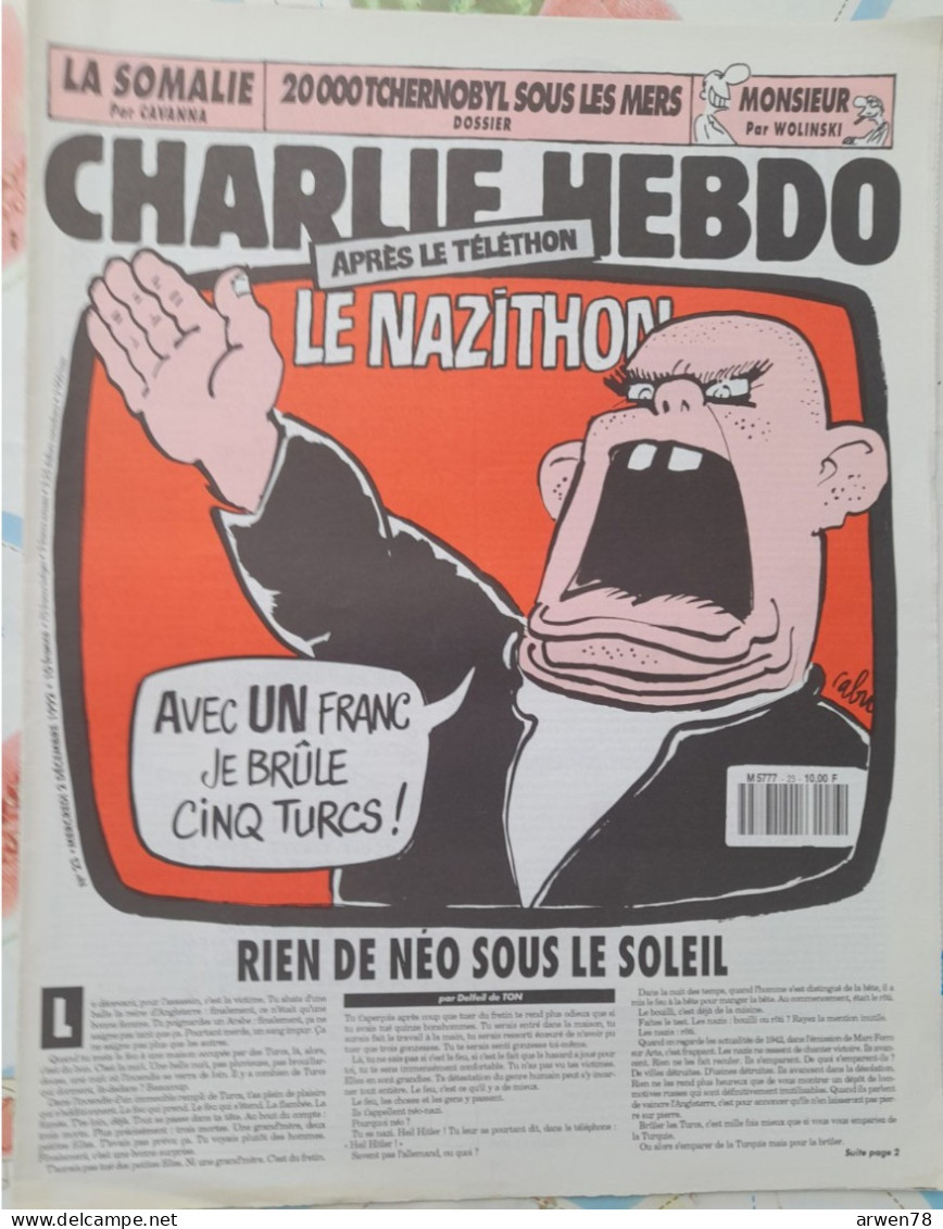 CHARLIE HEBDO 1992 N° 23 TELEVISION APRES LE TELETHON LE NAZI THON - Humor