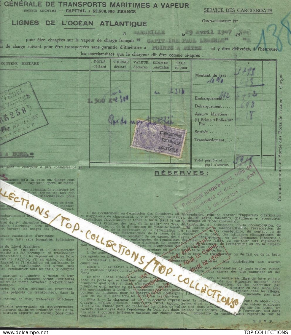 1947  NAVIGATION TRANSPORTS MARITIMES CONNAISSEMENT BILL OF LADING  De Marseille => Pointe à Pitre Alcool Apéritif - 1900 – 1949