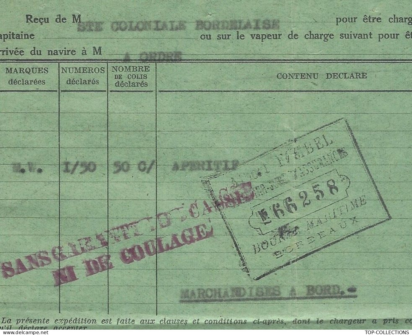 1947  NAVIGATION TRANSPORTS MARITIMES CONNAISSEMENT BILL OF LADING  De Marseille => Pointe à Pitre Alcool Apéritif - 1900 – 1949