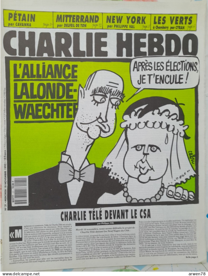 CHARLIE HEBDO 1992 N° 21 ECOLOGIE ALLIANCE LALONDE WAEHTER - Humour