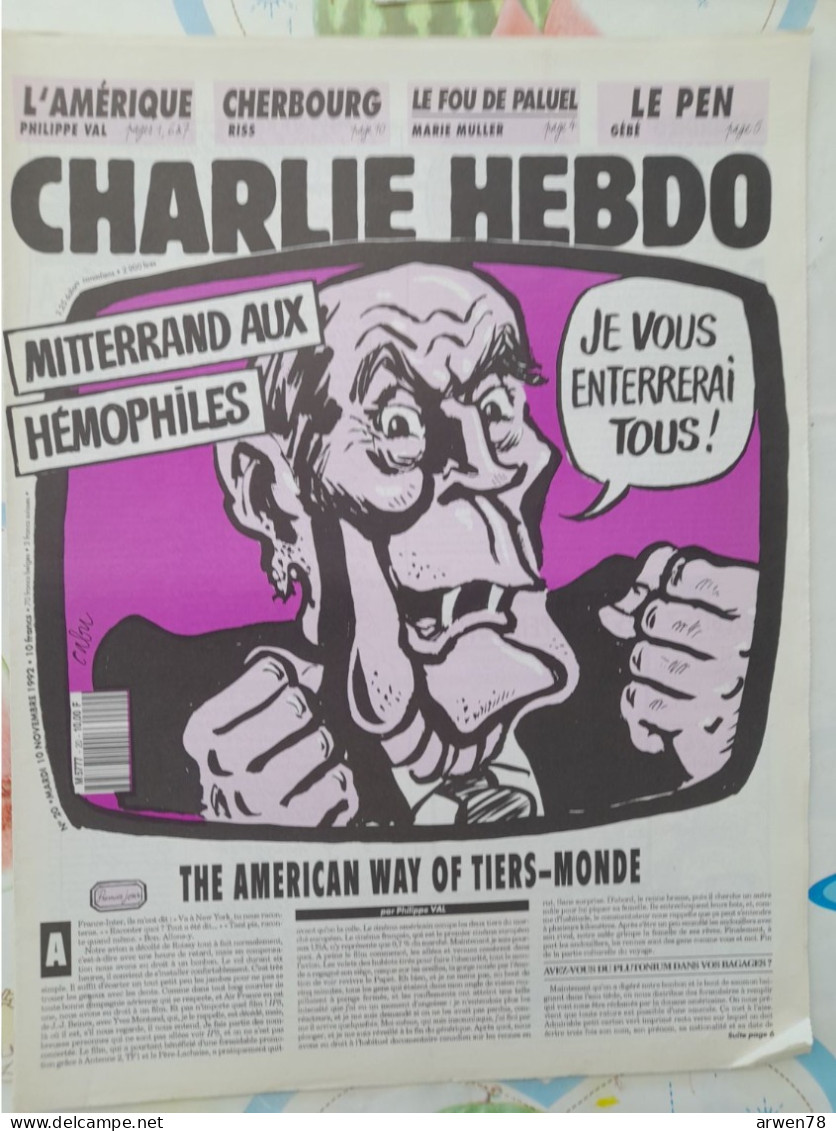 CHARLIE HEBDO 1992 N° 20 MITTERRAND AUX HEMOPHILES JE VOUS ENTERRERAI TOUS - Humour