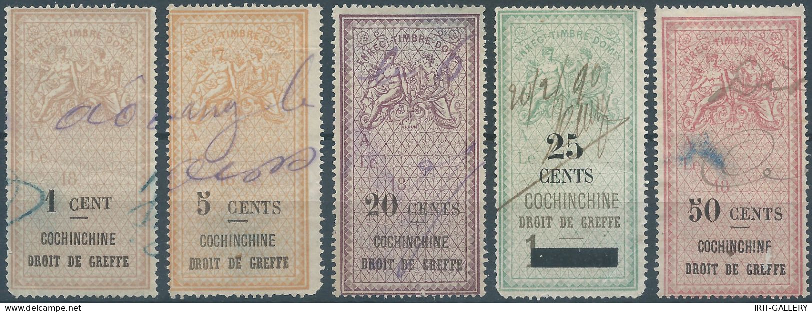 FRANCE,Cochinchine , Revenue Stamp Tax Fiscal DROIT DE GREFFE,1c-5c-20c-25c-50cents,Used - Very Old - Used Stamps