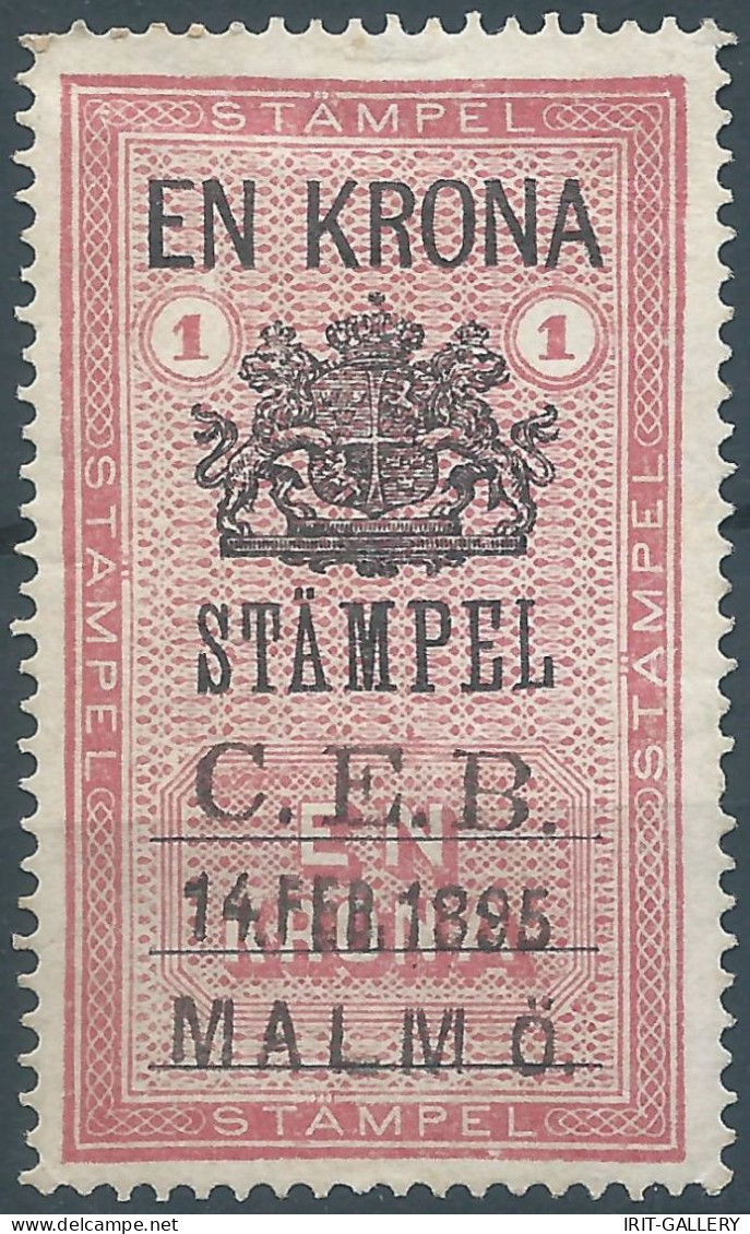 Suède-Sweden-Schweden,SVERIGE,Svezia,1895 Revenue Stamp Tax Fiscal STAMPEL,C.E.B. Malmo. 1Krona - Fiscale Zegels