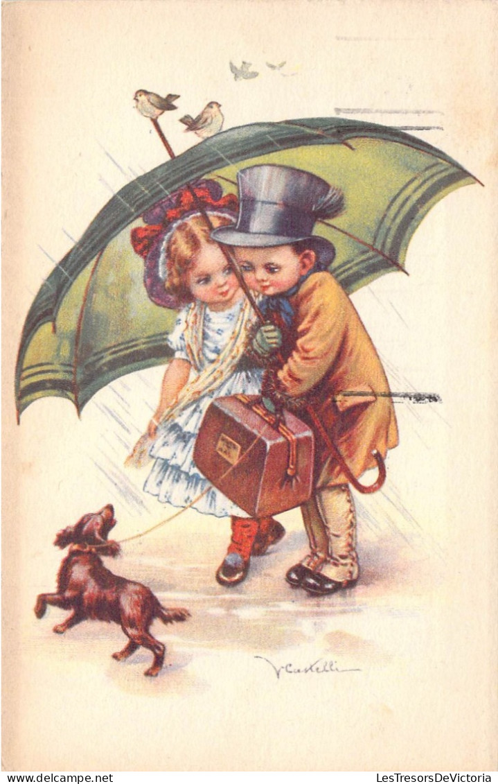 Illustrateur - Castelli - Couple D'enfants Qui Se Promènent Sous La Pluie Avec Un Chien -  Carte Postale Ancienne - Castelli