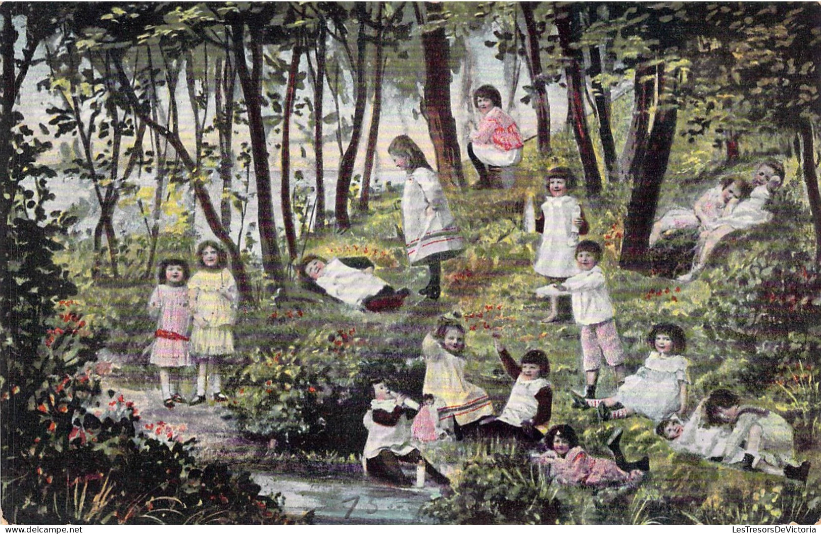 Enfants - Groupe D'enfants Qui Jouent Au Bord De L'eau - Illustrateur - Colorisé -  Carte Postale Ancienne - Groupes D'enfants & Familles