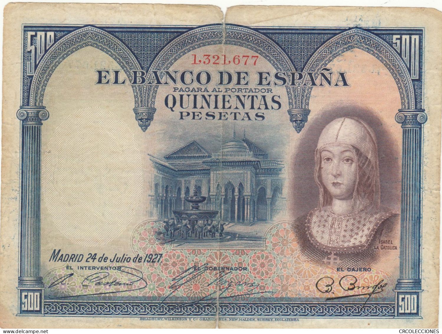 H0132 BILELTE ESPAÑA 500 PESETAS 1927 NUM. ANTERIOR MAS RARO MC - 500 Pesetas