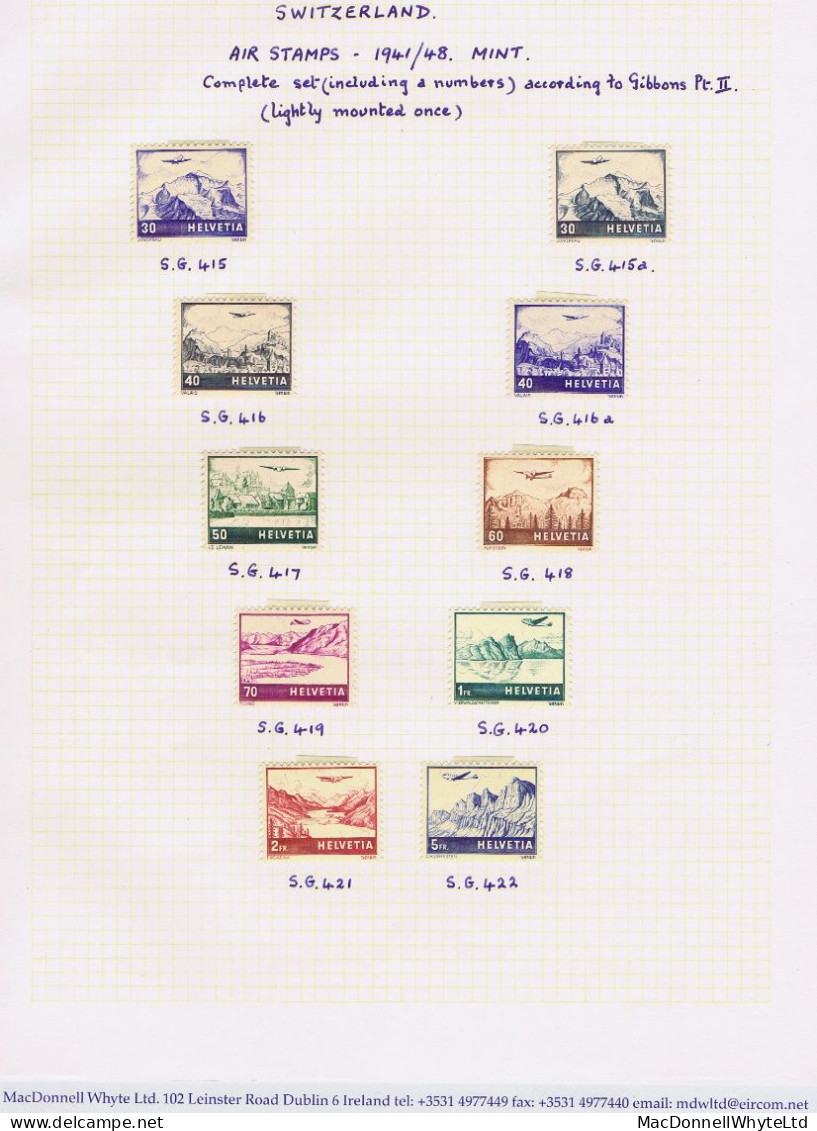 Switzerland Airmails 1941 Set Of 8 30c To 5fr, Plus 1948 New Colours 30c And 40c, Fresh Mint Hinged - Neufs