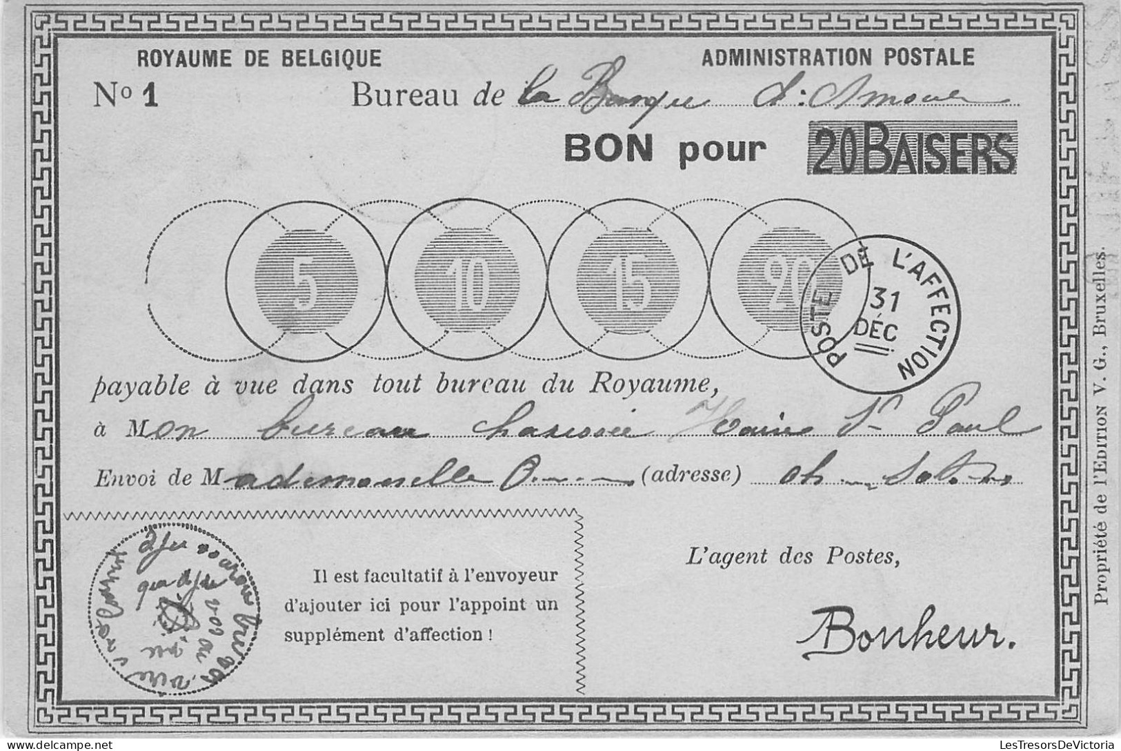 Fantaisies - Bon Pour 20 Baisers - Poste De L'affection  - Agent Des Postes Du Bonheur - Carte Postale Ancienne - Autres & Non Classés