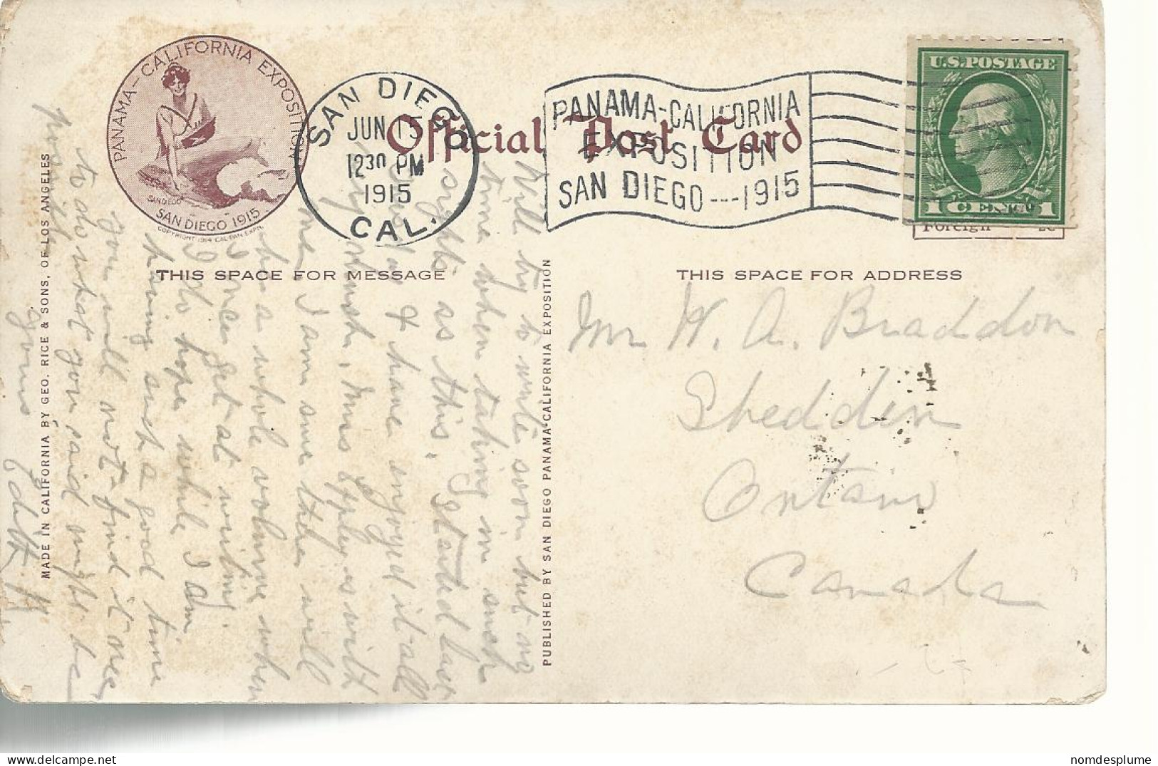 23714) USA San Diego Panama Californis Exposition 1915 Slogan Postmark Cancel - San Diego